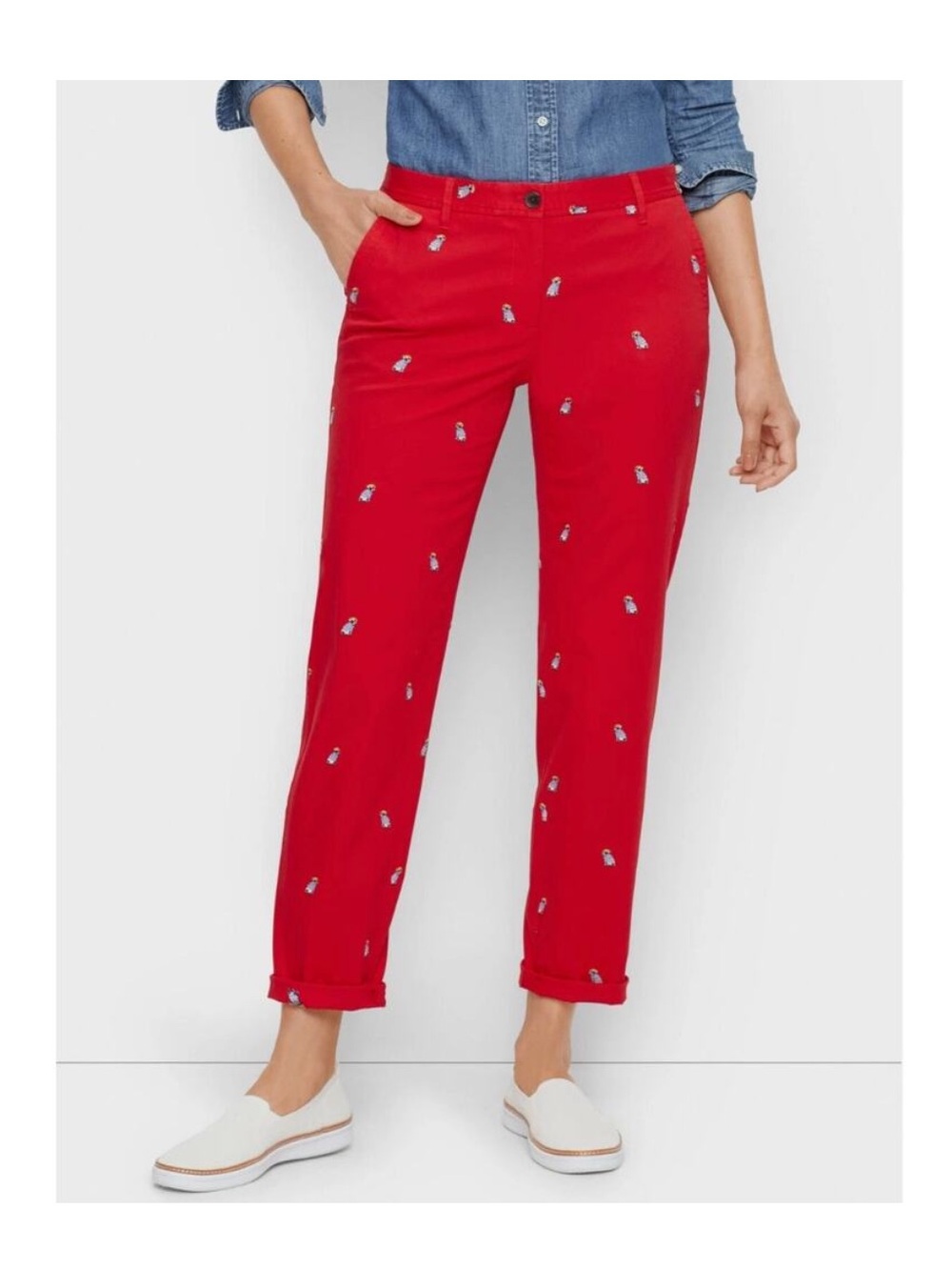 Talbots Petite 4P Relaxed‎ Chinos Frenchie Critter Pants Embroidered Dog Print